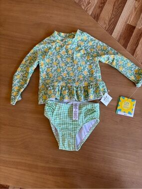 Little Me Yellow Lemon Print Long-Sleeve Rashguard with Green Gingham Bottoms